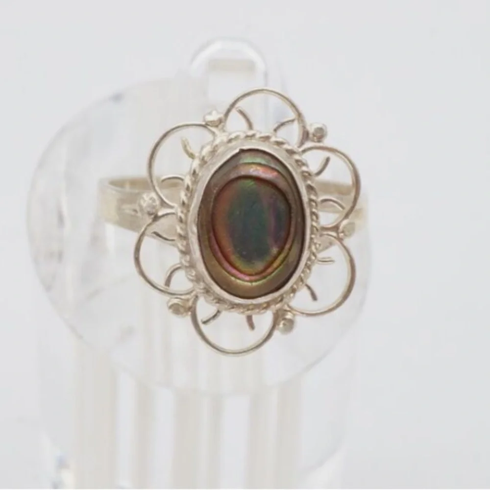 Vintage Mexico Sterling Silver 925 Abalone Stone Shell Filagree Oval Ring